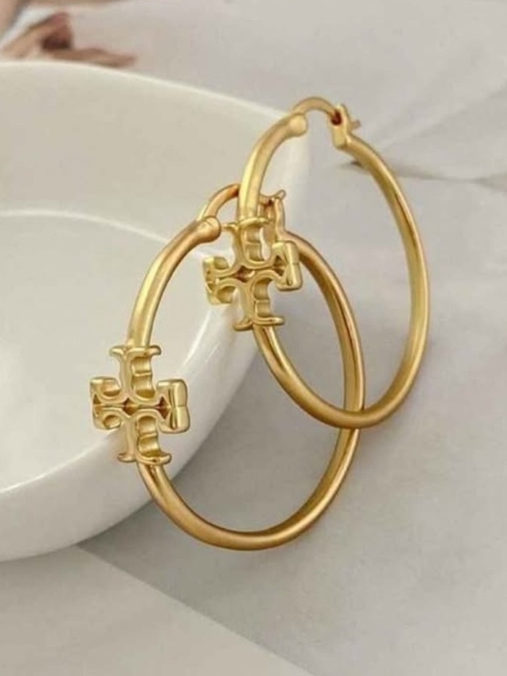 TB Gold Double-T Logo Hoop Earrings